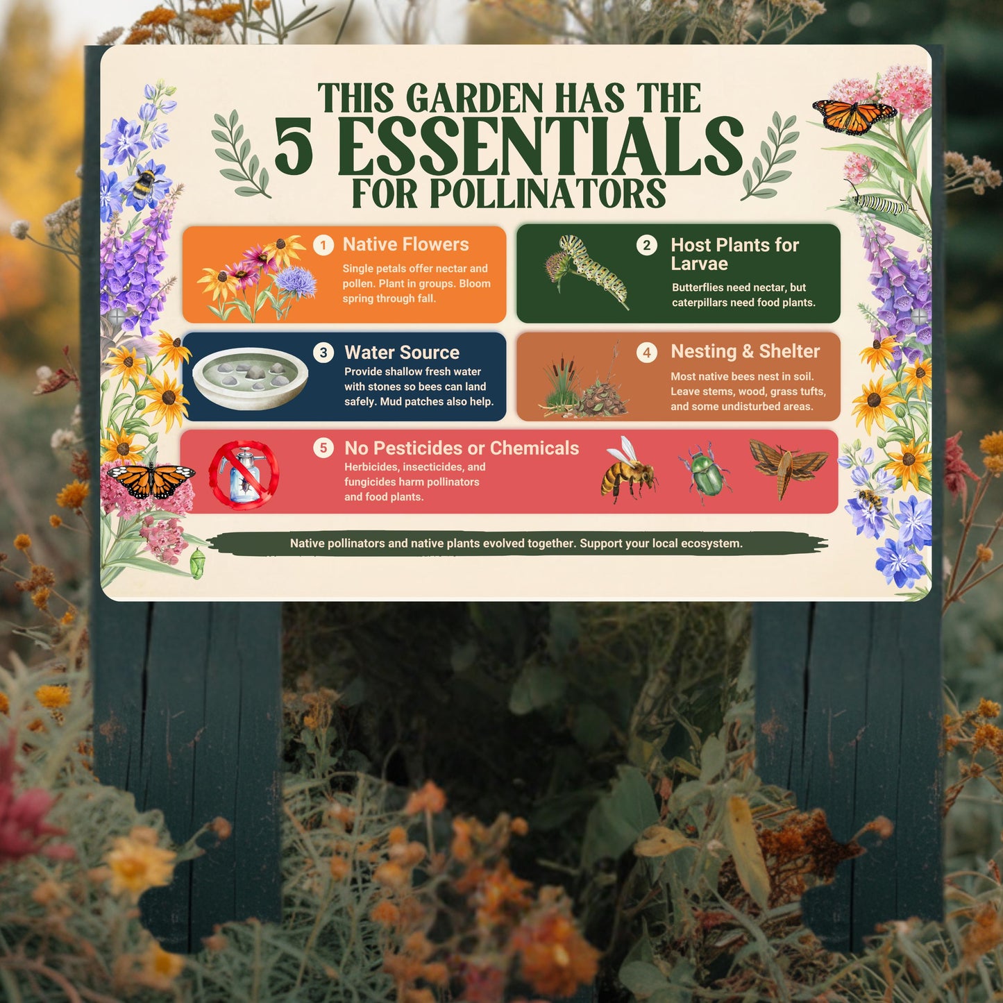 Pollinator Essentials Educational Habitat Sign, 12x8 18x12 Outdoor Rated Aluminum Sign