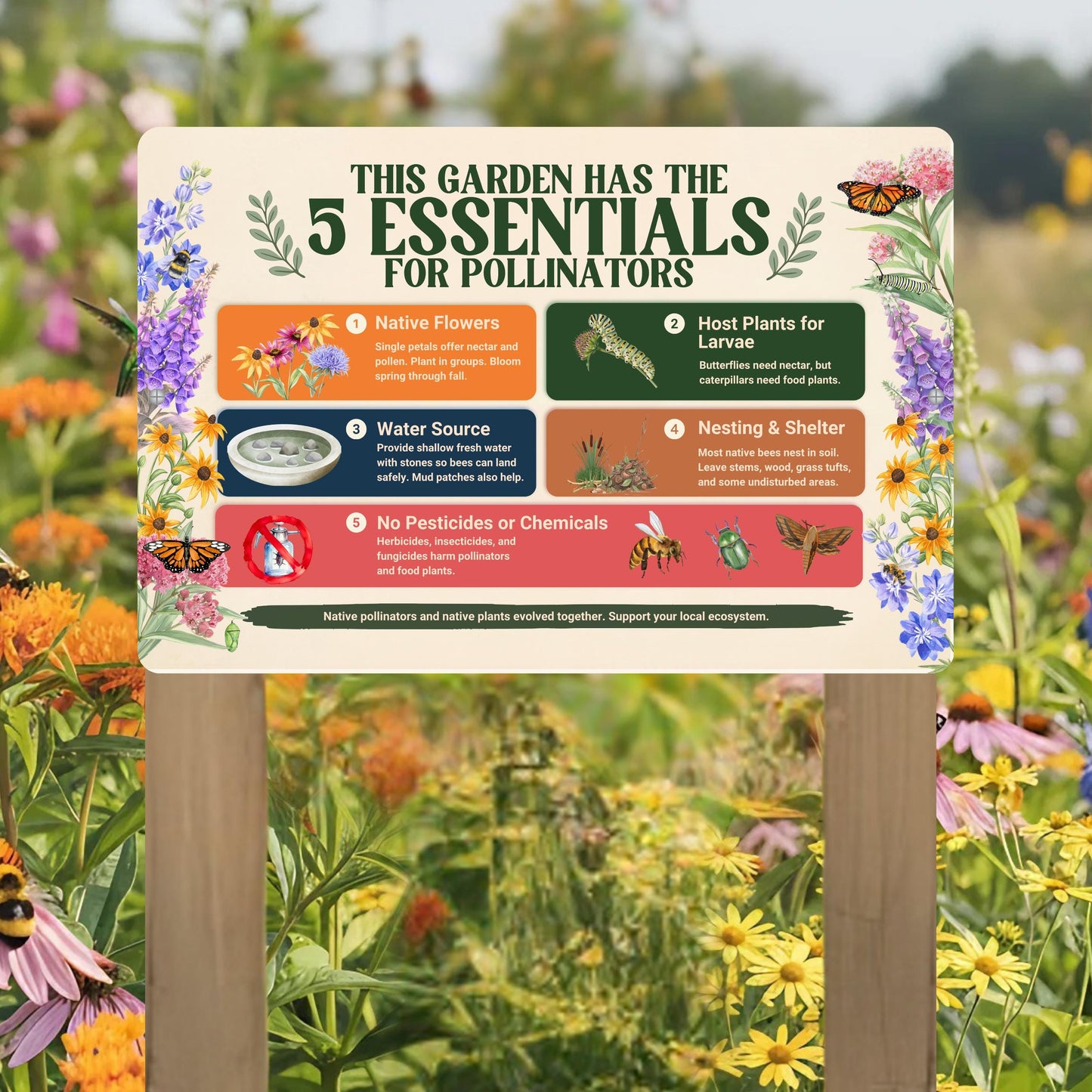 Pollinator Essentials Educational Habitat Sign, 12x8 18x12 Outdoor Rated Aluminum Sign