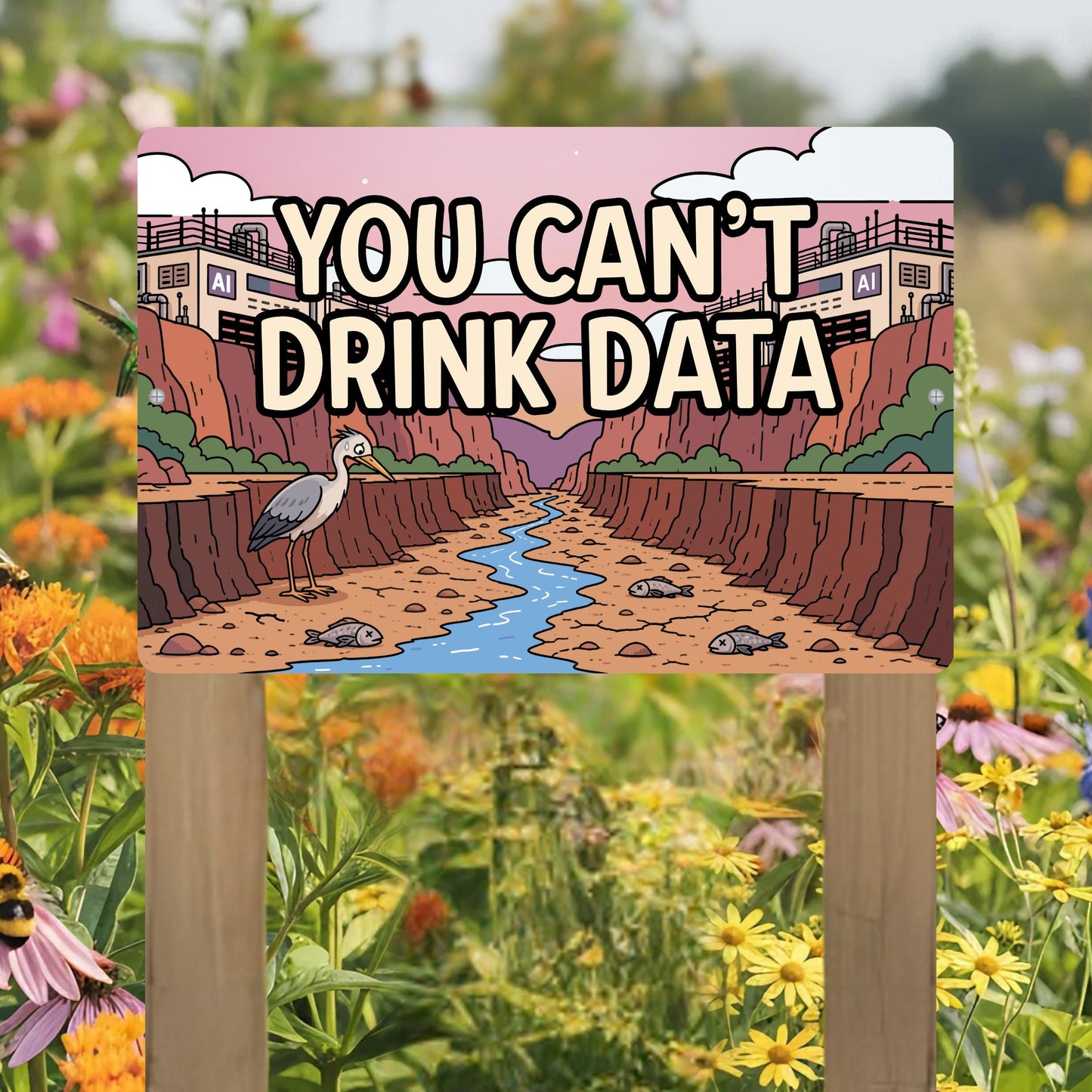 You Can't Drink Data Metal Sign - Anti AI Yard Art - Conservation Protest Sign - Outdoor Decor