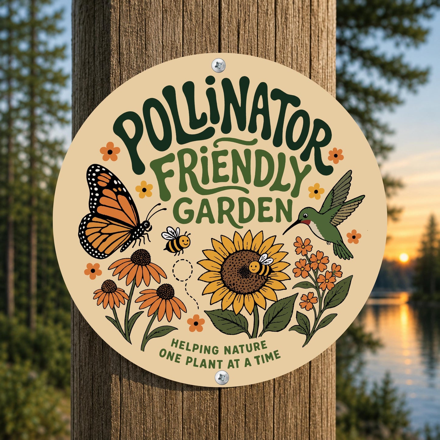 Pollinator Friendly Garden Round Sign, Outdoor Metal Yard Decor, Gift for Gardener