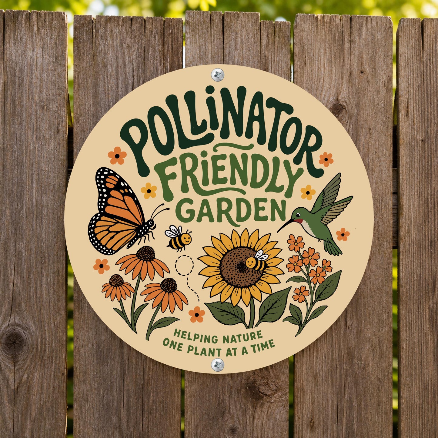 Pollinator Friendly Garden Round Sign, Outdoor Metal Yard Decor, Gift for Gardener