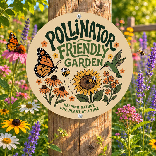 Pollinator Friendly Garden Round Sign, Outdoor Metal Yard Decor, Gift for Gardener