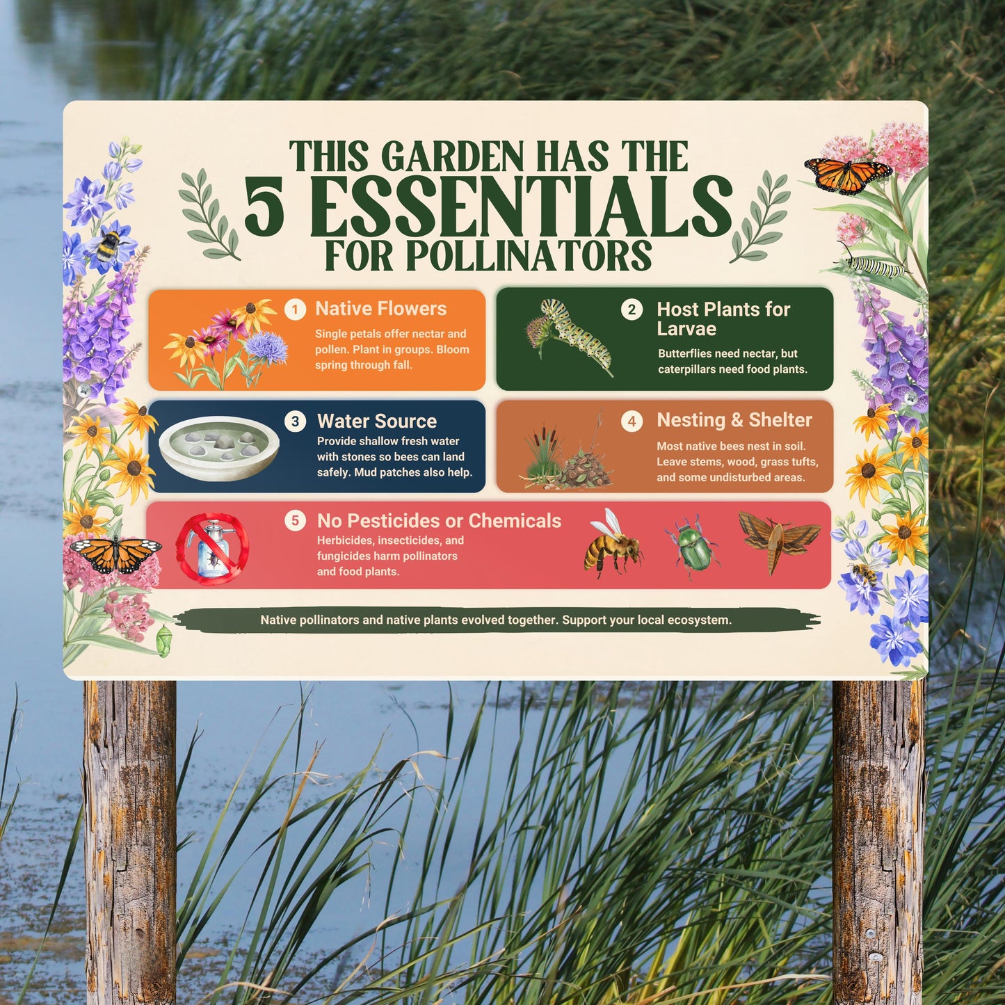 Pollinator Essentials Educational Habitat Sign, 12x8 18x12 Outdoor Rated Aluminum Sign