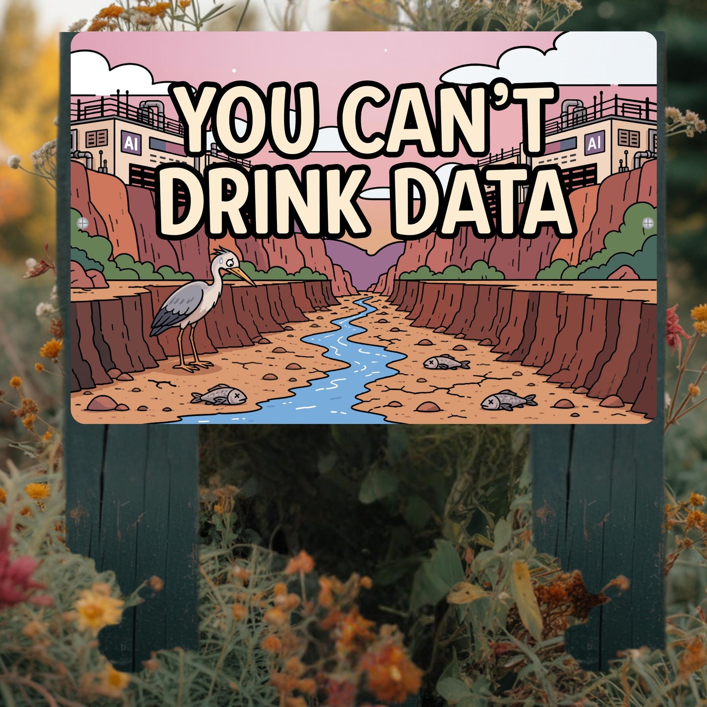 You Can't Drink Data Metal Sign - Anti AI Yard Art - Conservation Protest Sign - Outdoor Decor