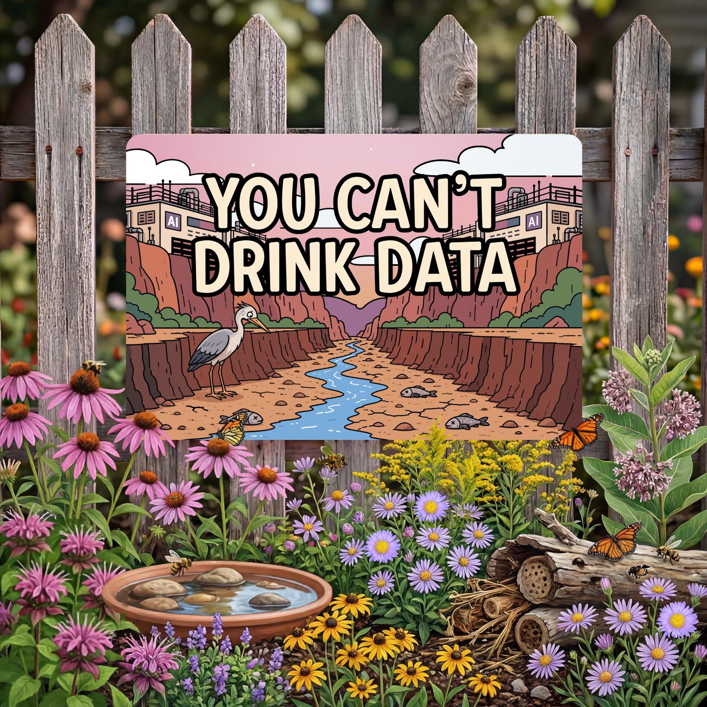 You Can't Drink Data Metal Sign - Anti AI Yard Art - Conservation Protest Sign - Outdoor Decor