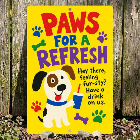 Paws For A Refresh Metal Sign - Hydration Station Outdoor Yard Art - Gift for Dog Owners