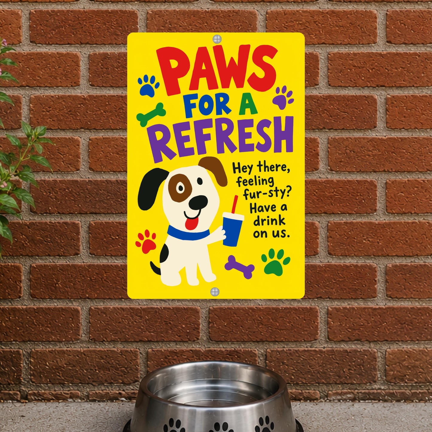 Paws For A Refresh Metal Sign - Hydration Station Outdoor Yard Art - Gift for Dog Owners