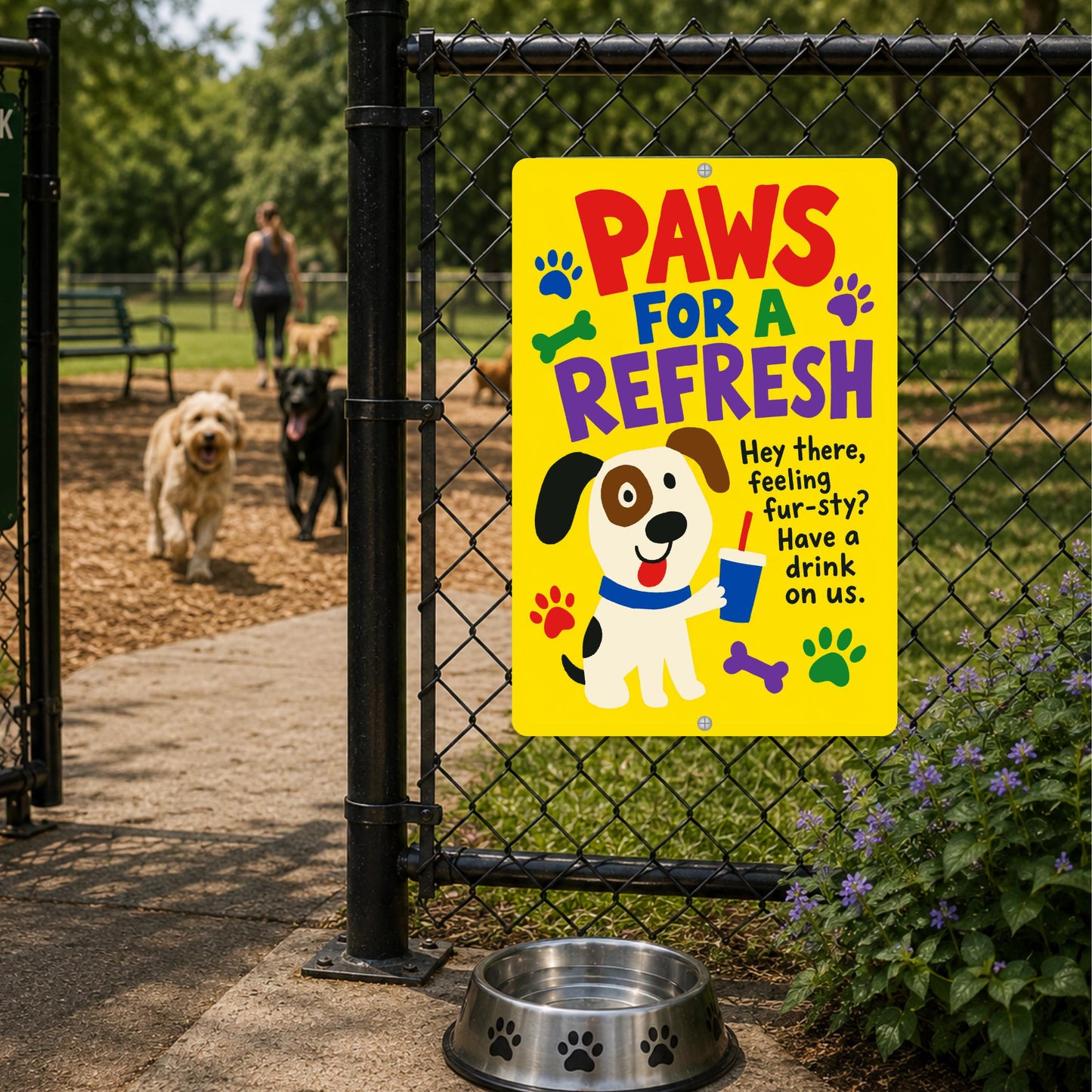 Paws For A Refresh Metal Sign - Hydration Station Outdoor Yard Art - Gift for Dog Owners