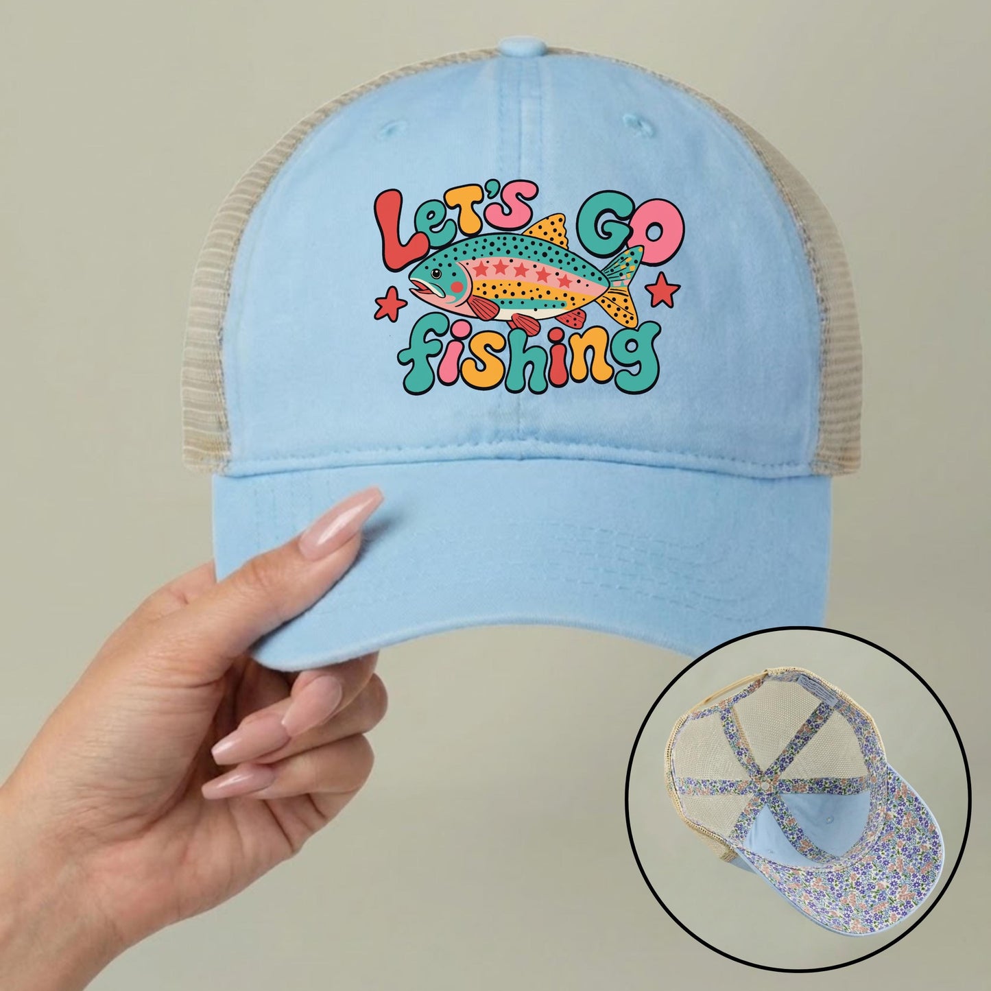 Let's Go Fishing Ponytail Cap - Rainbow Trout Hat - Gift for Fishers