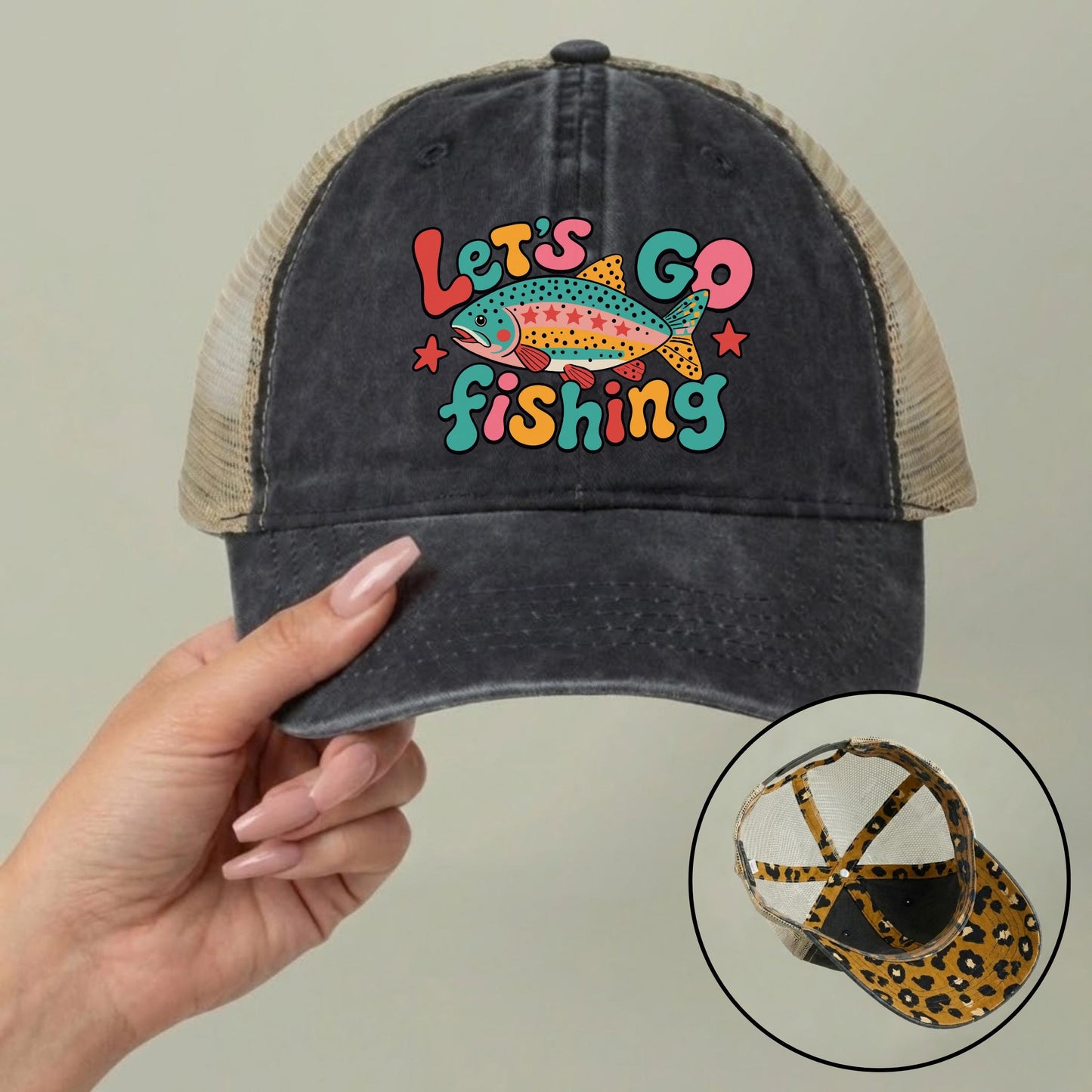 Let's Go Fishing Ponytail Cap - Rainbow Trout Hat - Gift for Fishers
