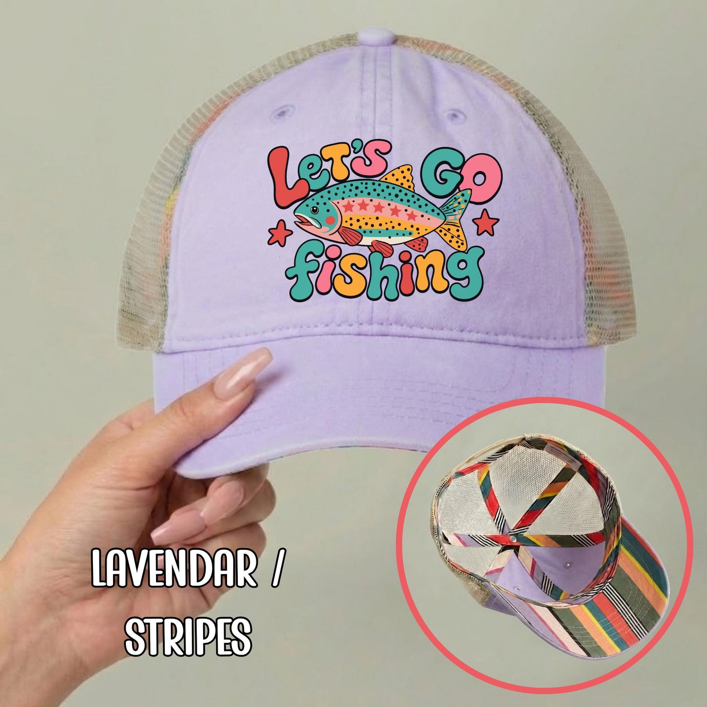 Let's Go Fishing Ponytail Cap - Rainbow Trout Hat - Gift for Fishers