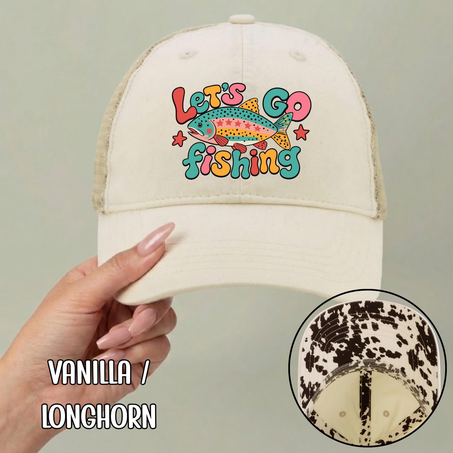 Let's Go Fishing Ponytail Cap - Rainbow Trout Hat - Gift for Fishers