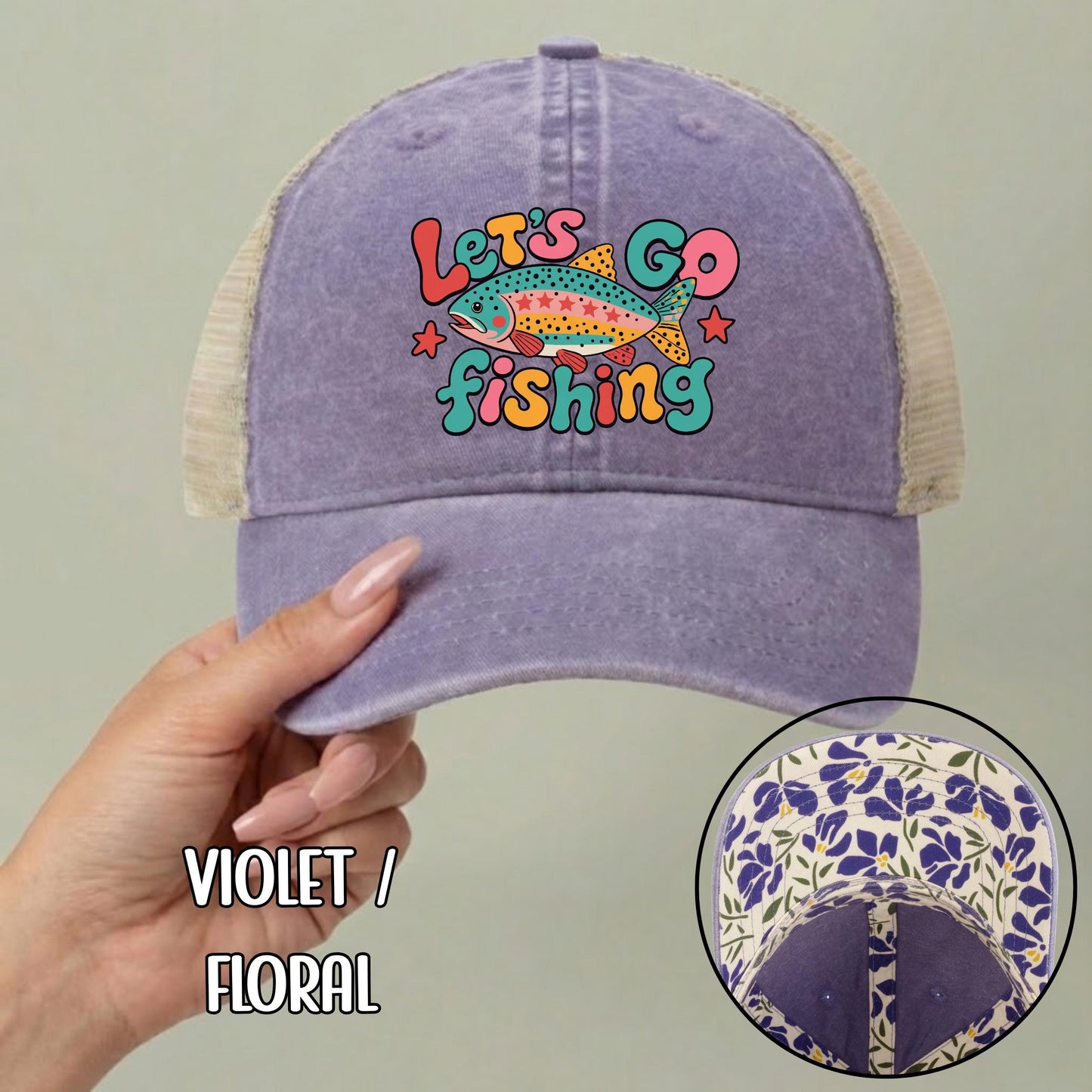 Let's Go Fishing Ponytail Cap - Rainbow Trout Hat - Gift for Fishers