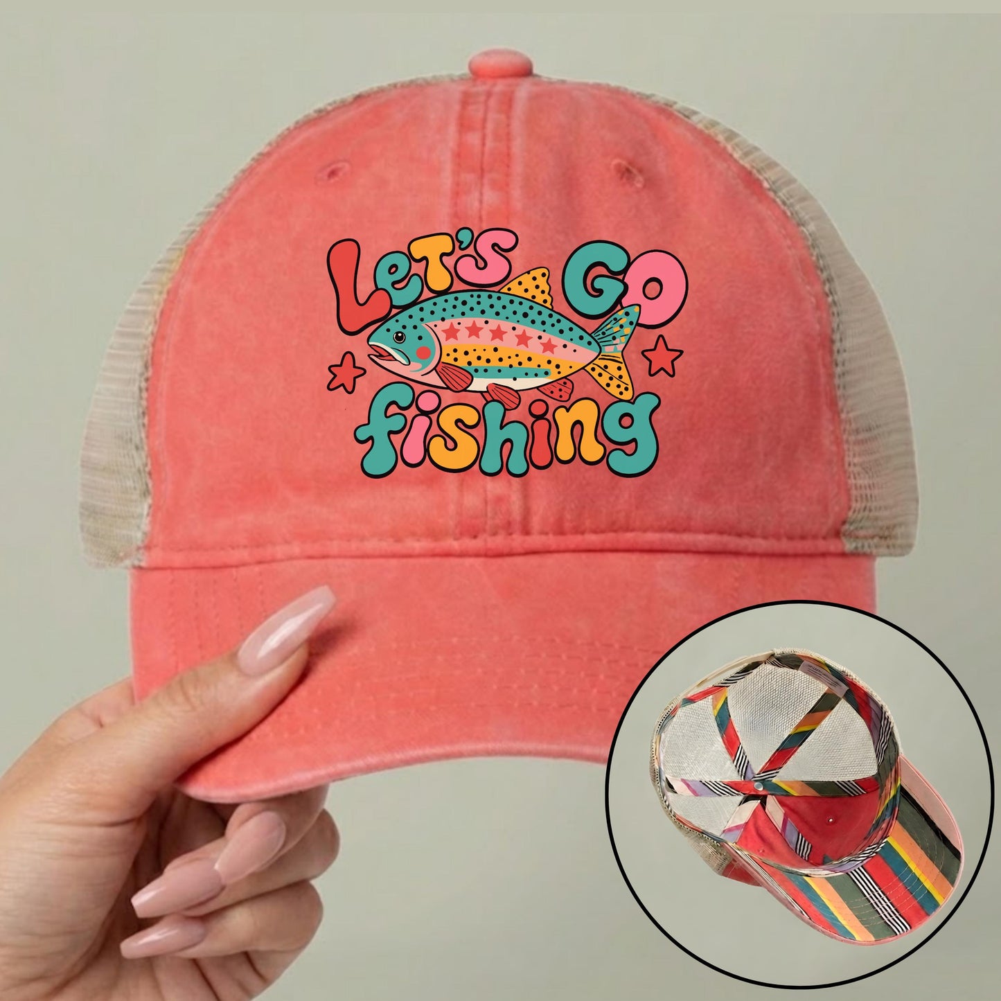 Let's Go Fishing Ponytail Cap - Rainbow Trout Hat - Gift for Fishers