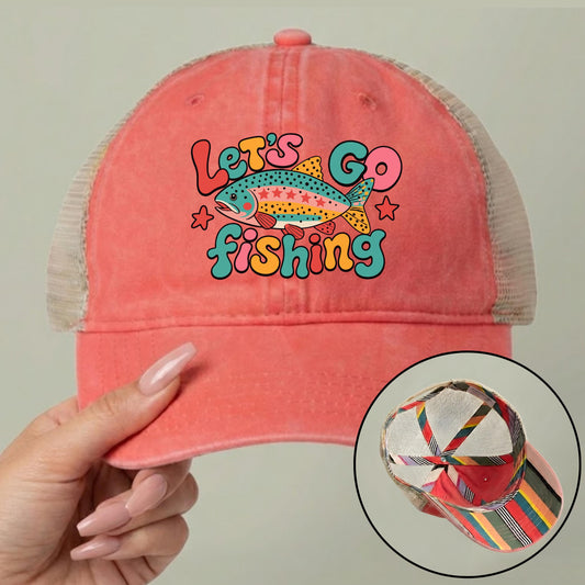 Let's Go Fishing Ponytail Cap - Rainbow Trout Hat - Gift for Fishers