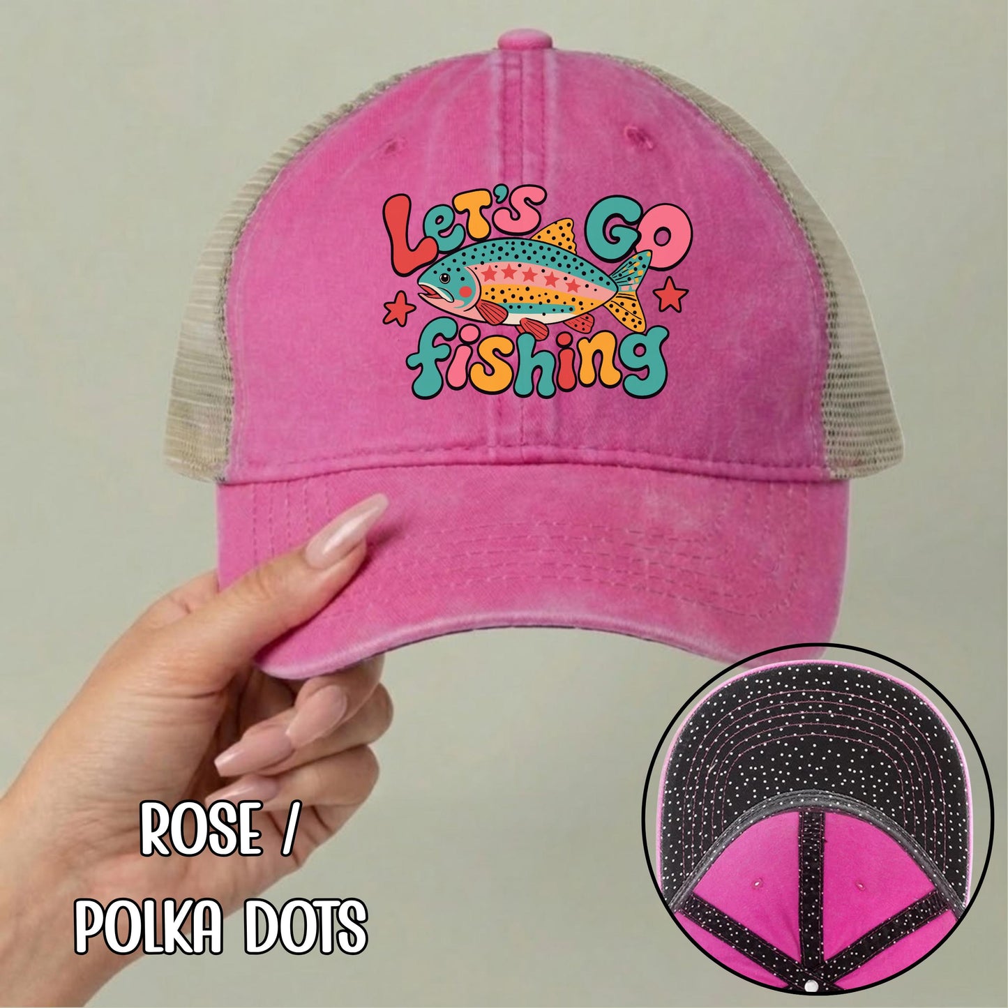 Let's Go Fishing Ponytail Cap - Rainbow Trout Hat - Gift for Fishers