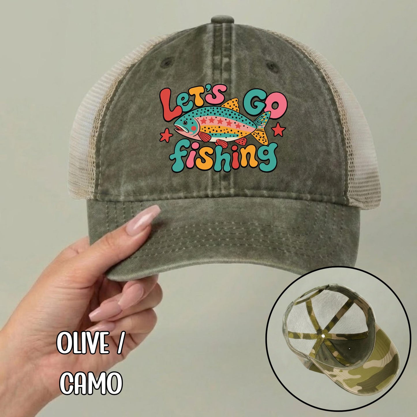 Let's Go Fishing Ponytail Cap - Rainbow Trout Hat - Gift for Fishers