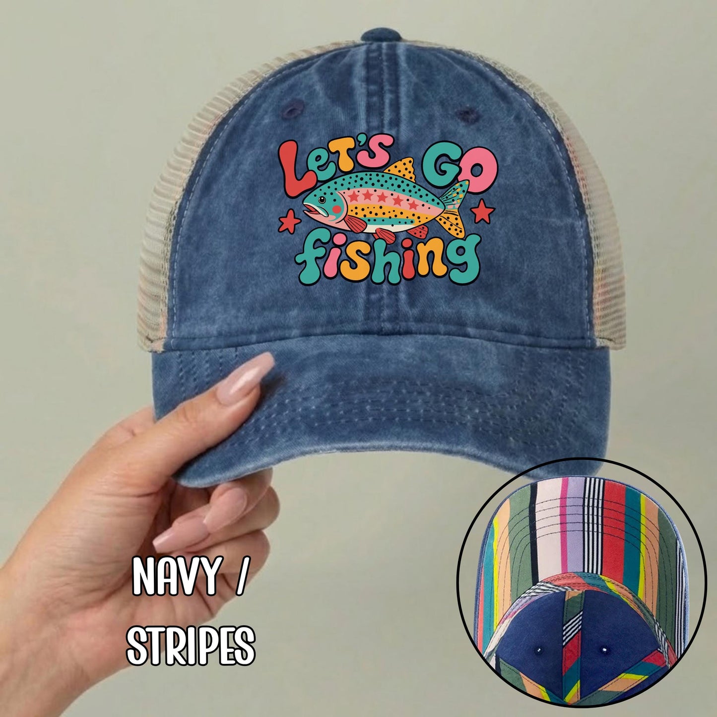 Let's Go Fishing Ponytail Cap - Rainbow Trout Hat - Gift for Fishers