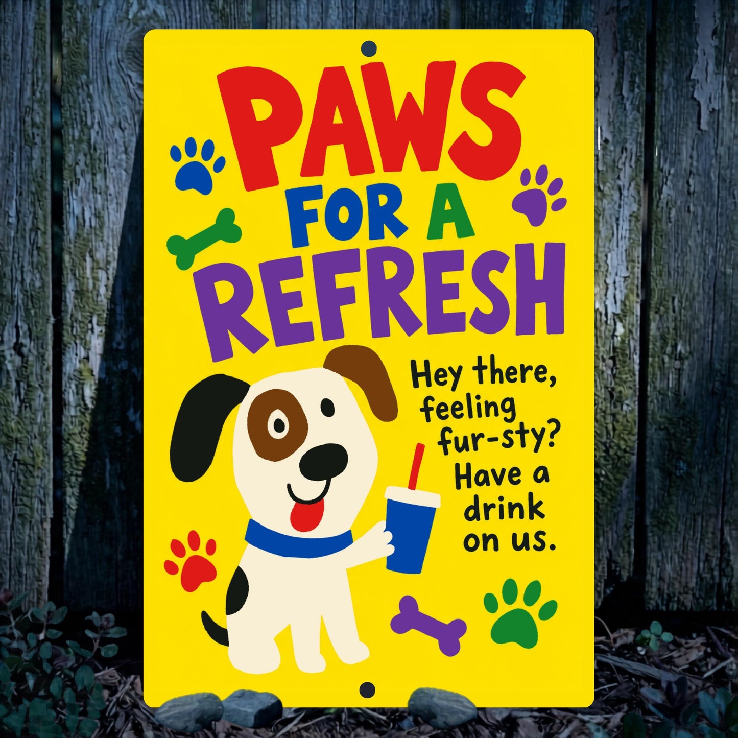 Paws For A Refresh Metal Sign - Hydration Station Outdoor Yard Art - Gift for Dog Owners