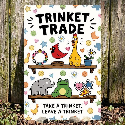 Trinket Trade Box Metal Sign - Outdoor Yard Art Decor - Community Trinket Shelf Library