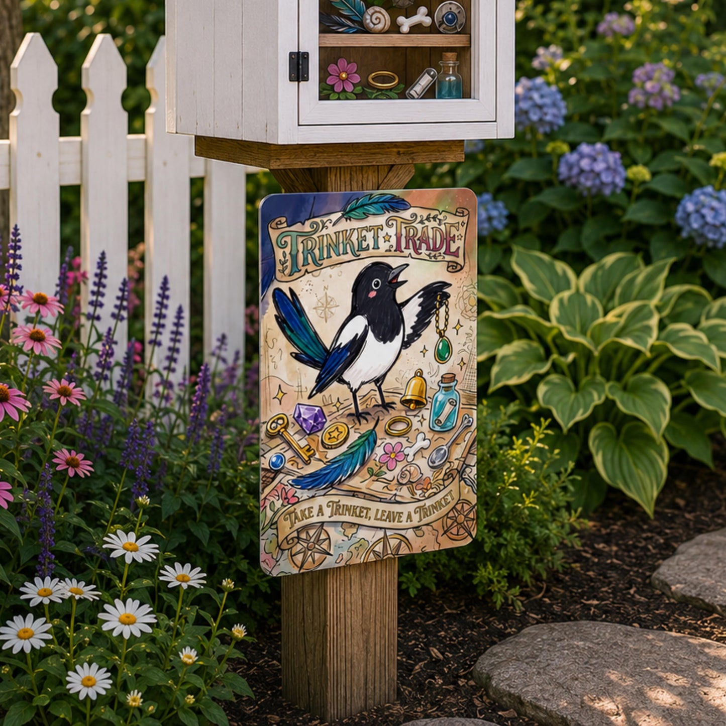 Magpie Trinket Trade Library Sign - Outdoor Metal Yard Art Decor - Community Trinket Shelf