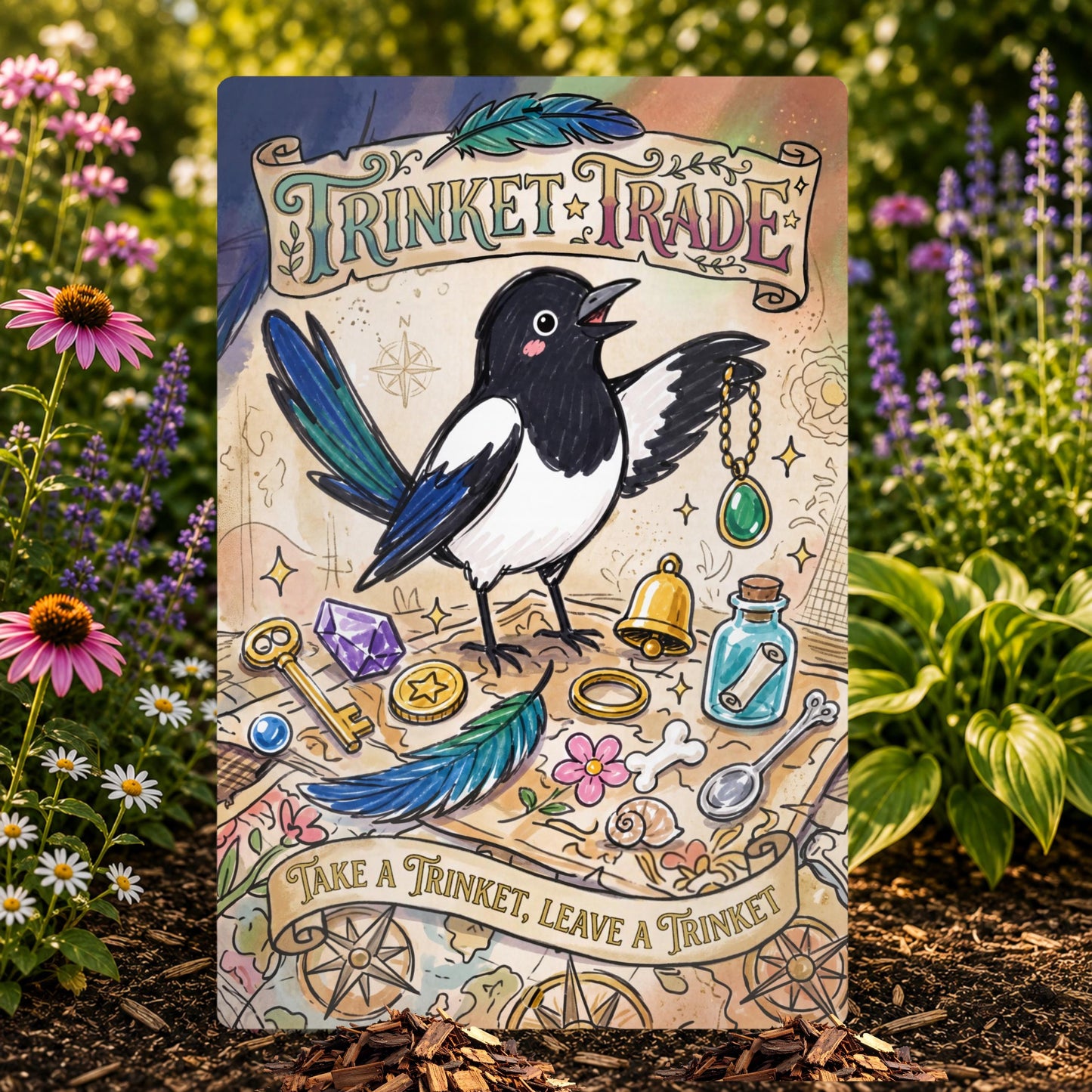 Magpie Trinket Trade Library Sign - Outdoor Metal Yard Art Decor - Community Trinket Shelf