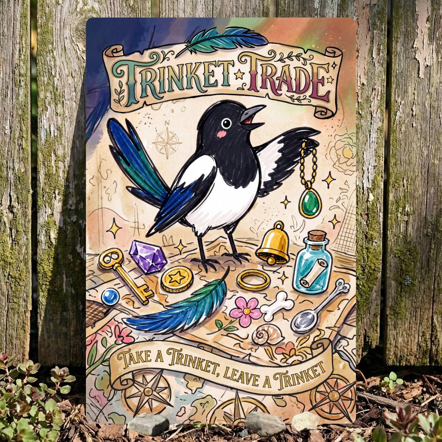 Magpie Trinket Trade Library Sign - Outdoor Metal Yard Art Decor - Community Trinket Shelf
