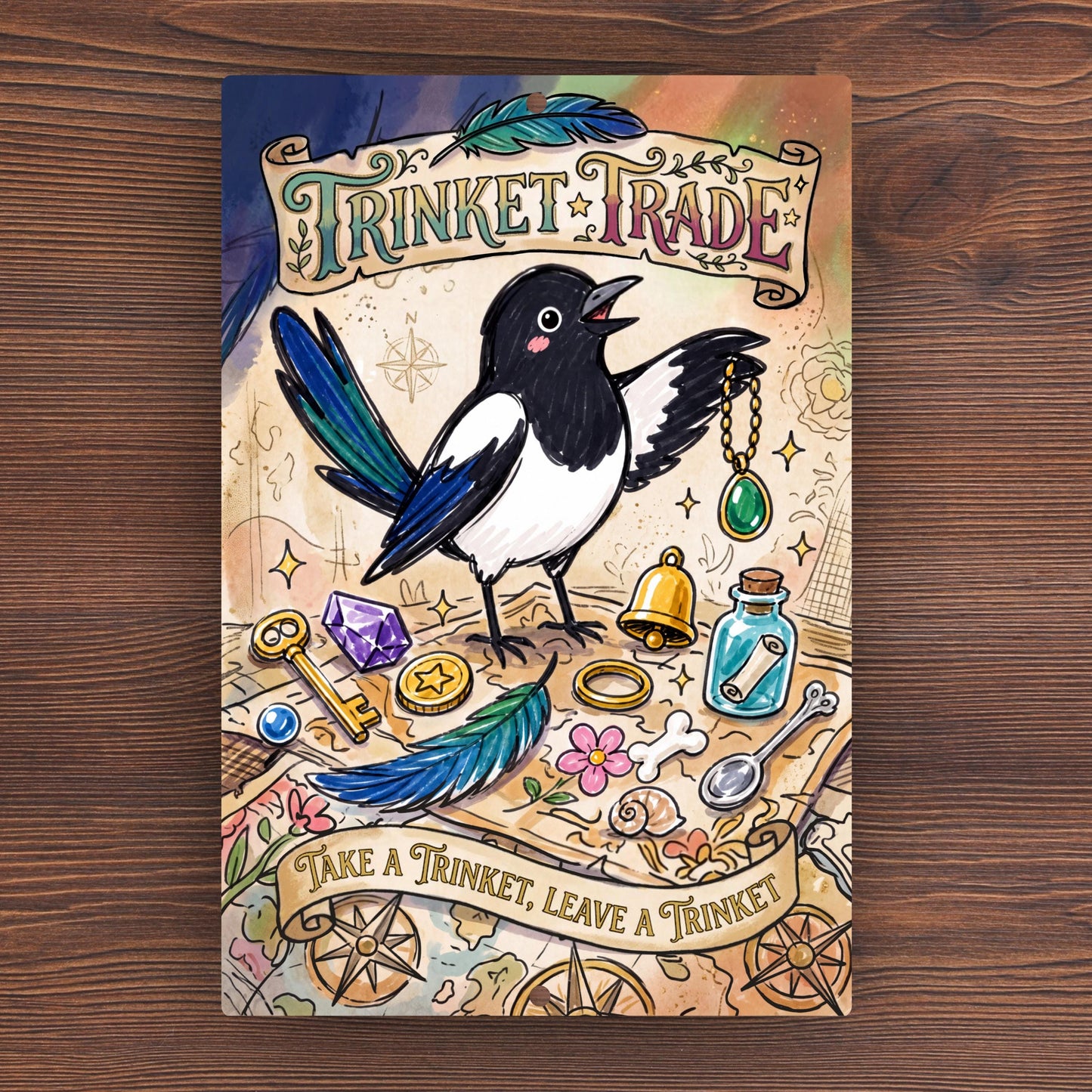 Magpie Trinket Trade Library Sign - Outdoor Metal Yard Art Decor - Community Trinket Shelf