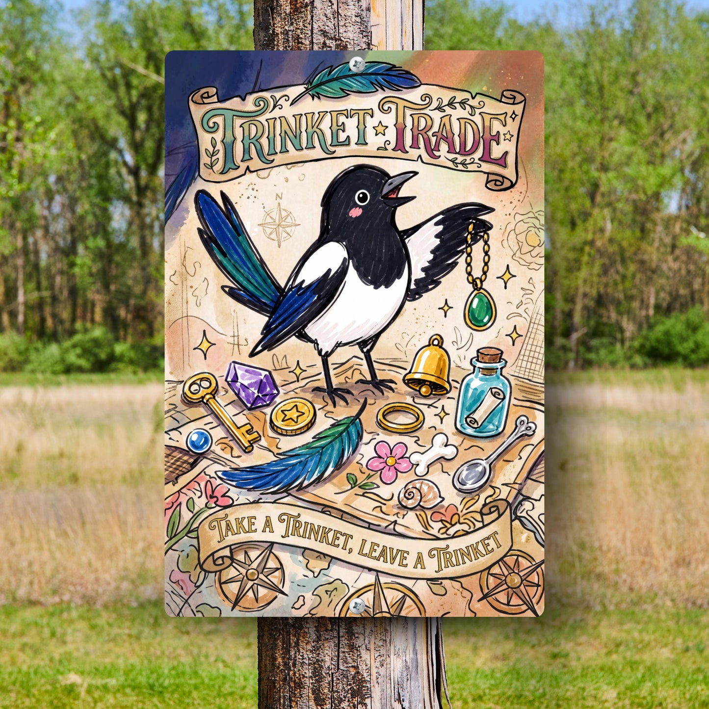 Magpie Trinket Trade Library Sign - Outdoor Metal Yard Art Decor - Community Trinket Shelf