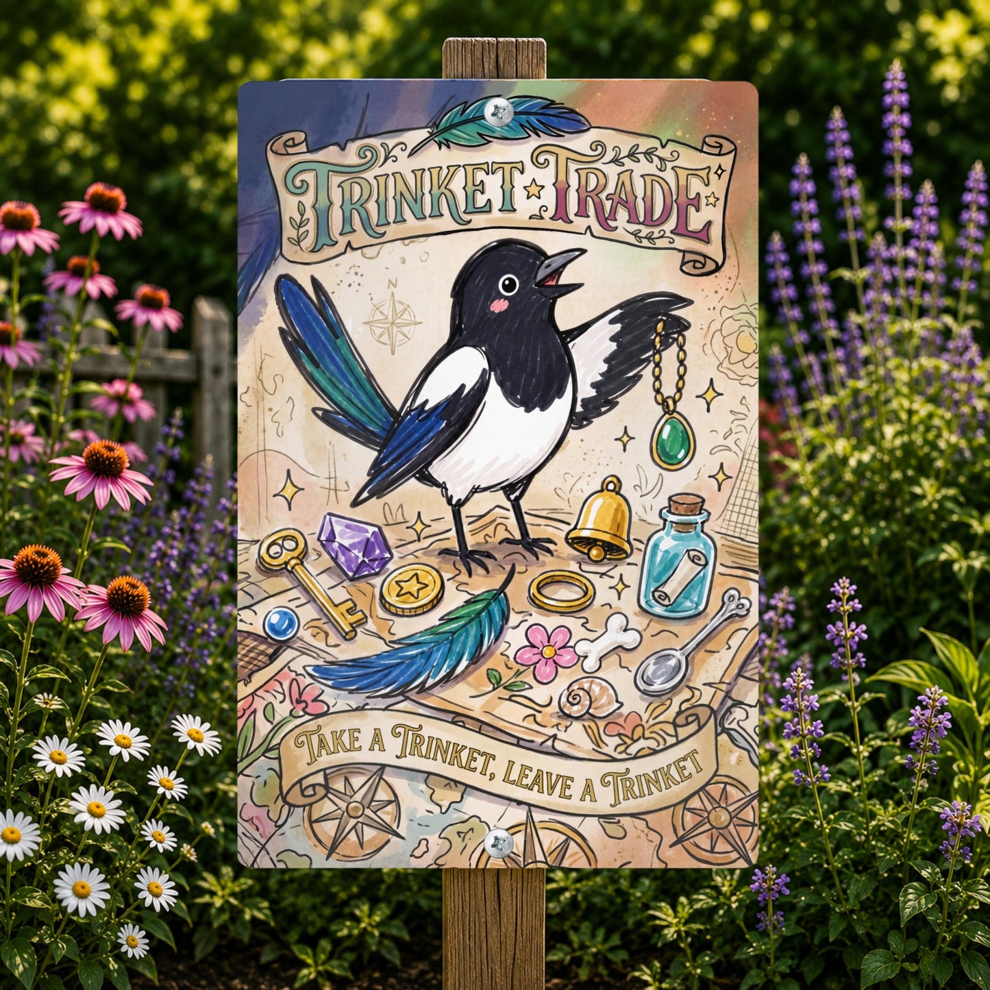 Magpie Trinket Trade Library Sign - Outdoor Metal Yard Art Decor - Community Trinket Shelf
