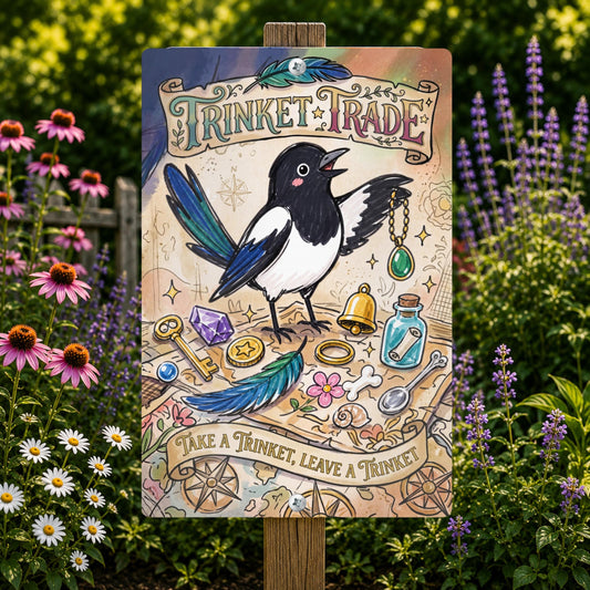 Magpie Trinket Trade Library Sign - Outdoor Metal Yard Art Decor - Community Trinket Shelf