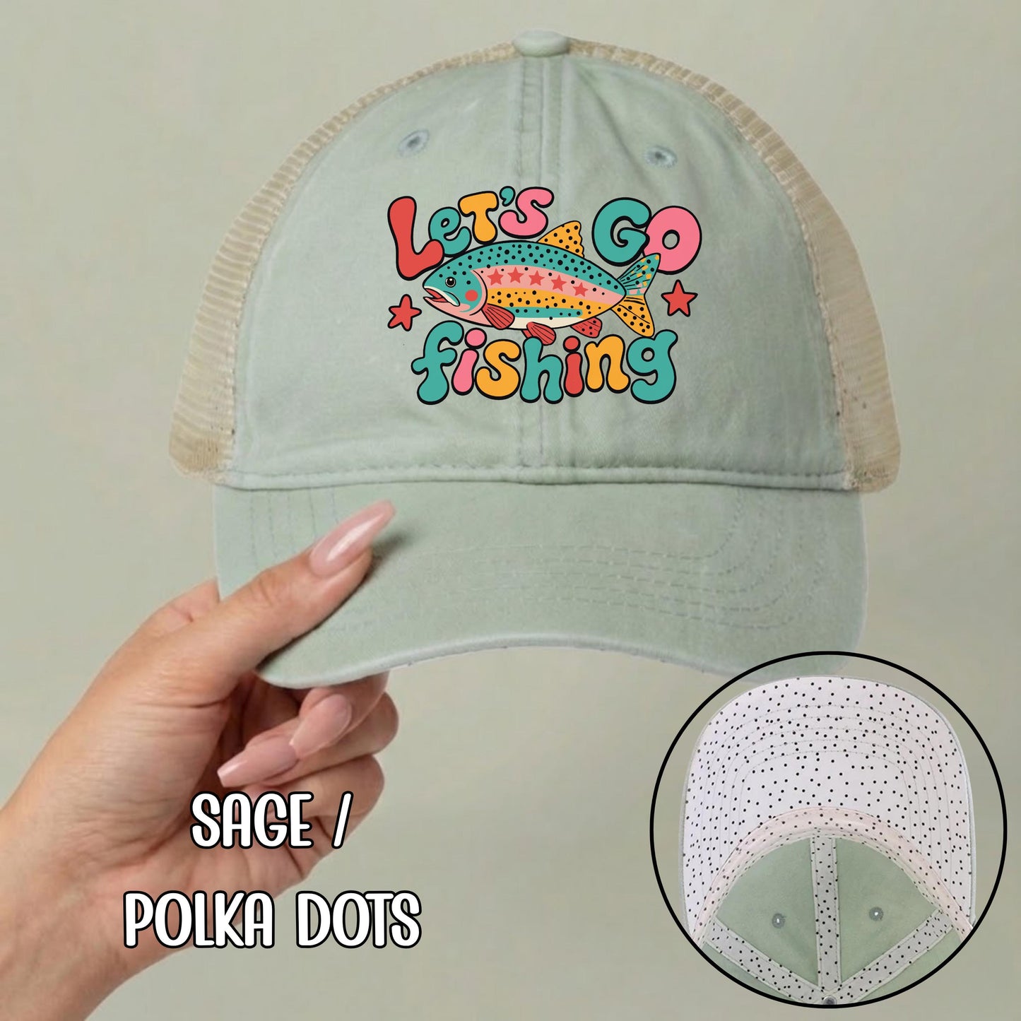 Let's Go Fishing Ponytail Cap - Rainbow Trout Hat - Gift for Fishers