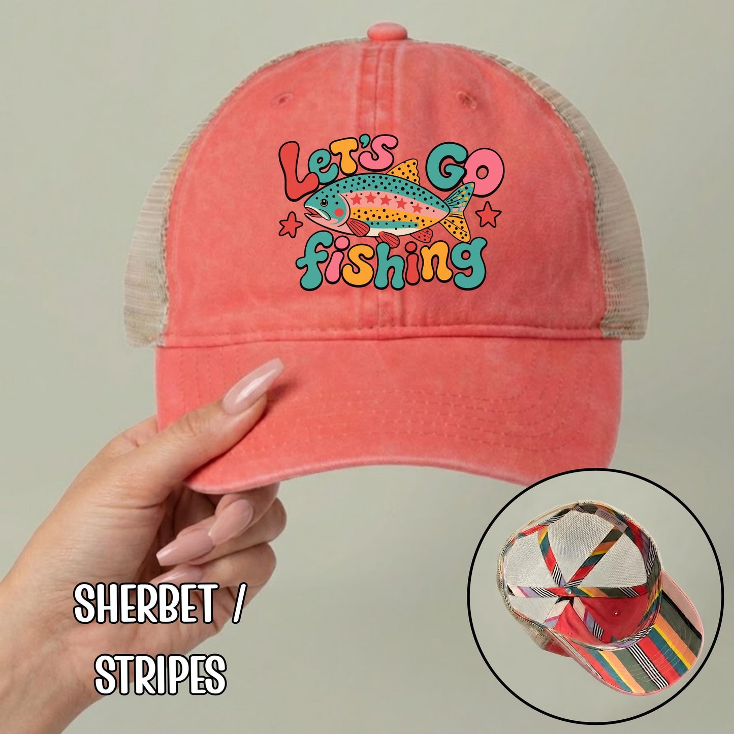 Let's Go Fishing Ponytail Cap - Rainbow Trout Hat - Gift for Fishers
