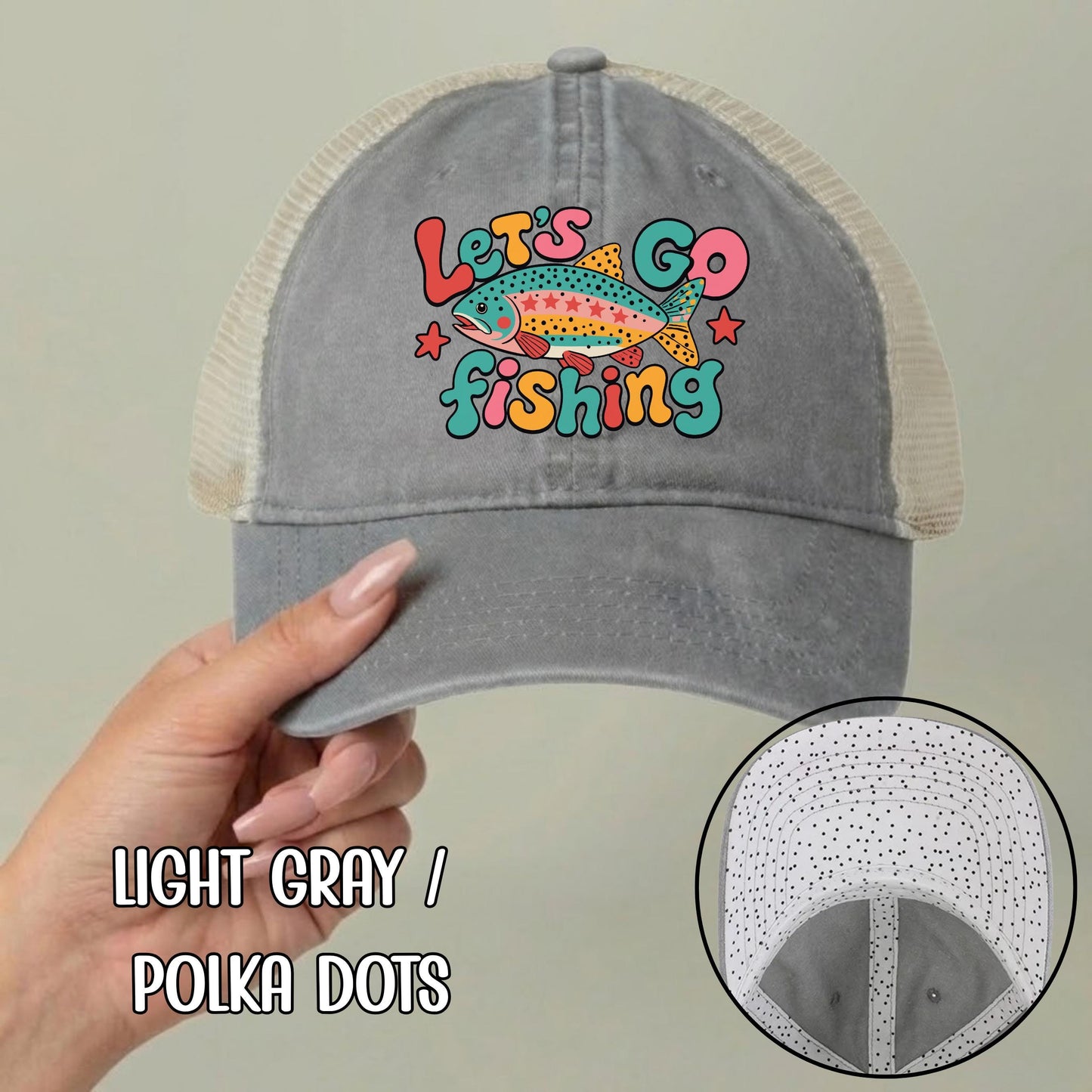 Let's Go Fishing Ponytail Cap - Rainbow Trout Hat - Gift for Fishers