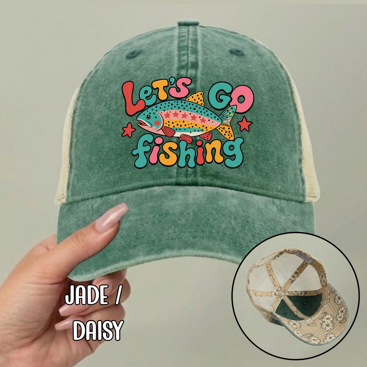 Let's Go Fishing Ponytail Cap - Rainbow Trout Hat - Gift for Fishers