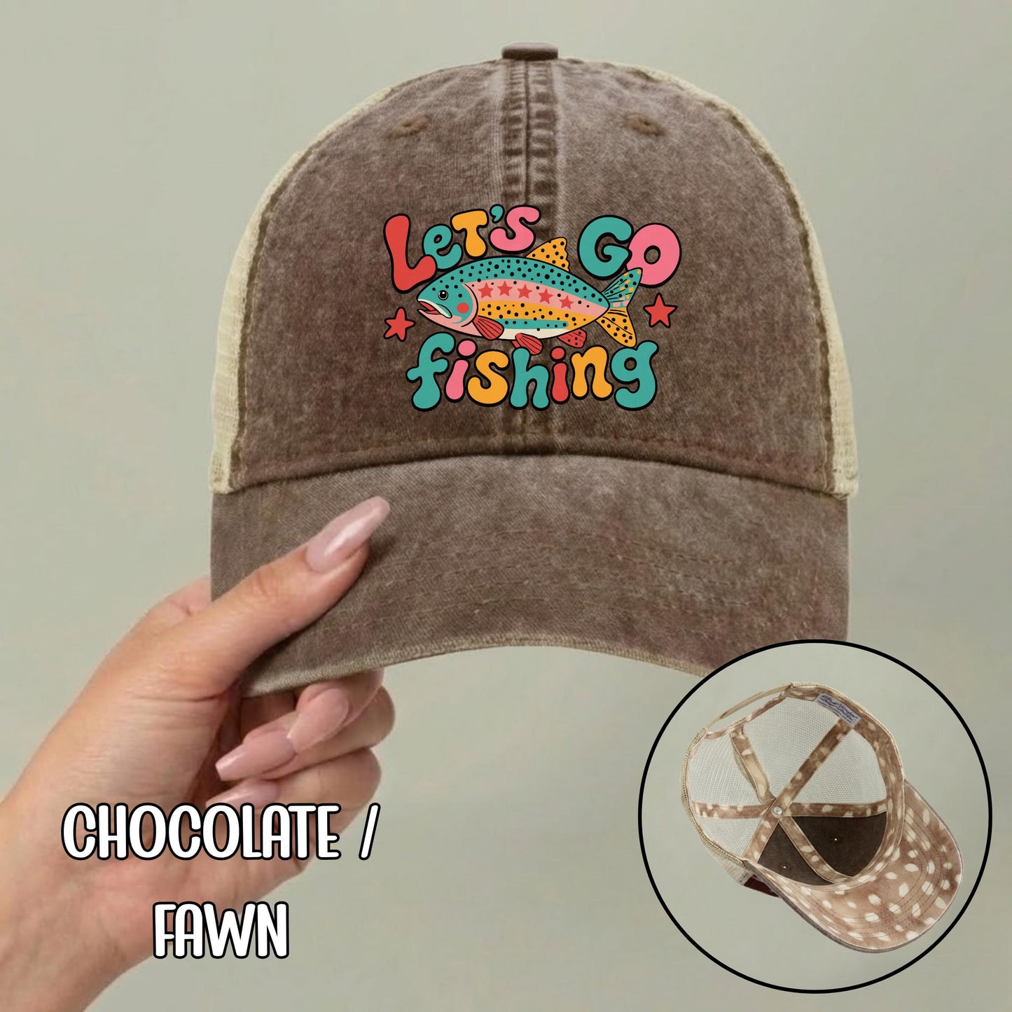 Let's Go Fishing Ponytail Cap - Rainbow Trout Hat - Gift for Fishers
