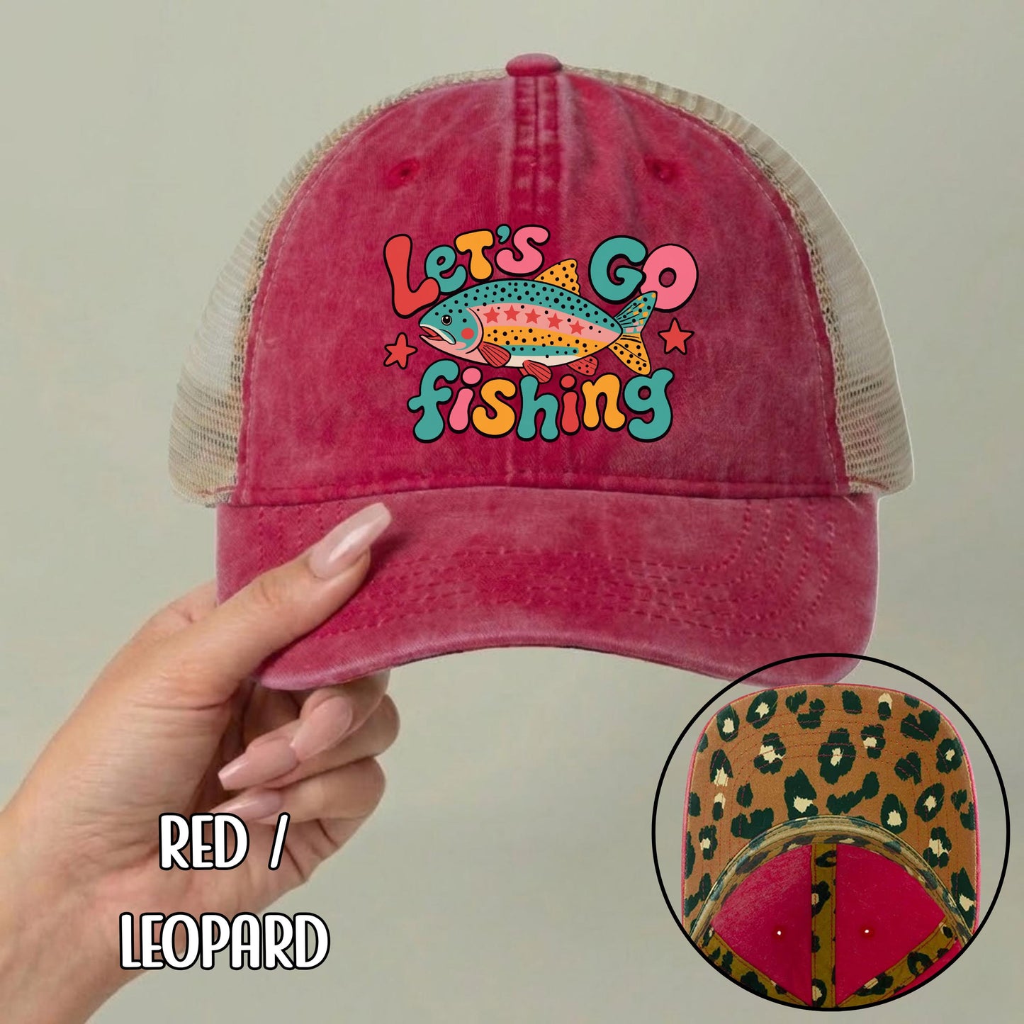 Let's Go Fishing Ponytail Cap - Rainbow Trout Hat - Gift for Fishers
