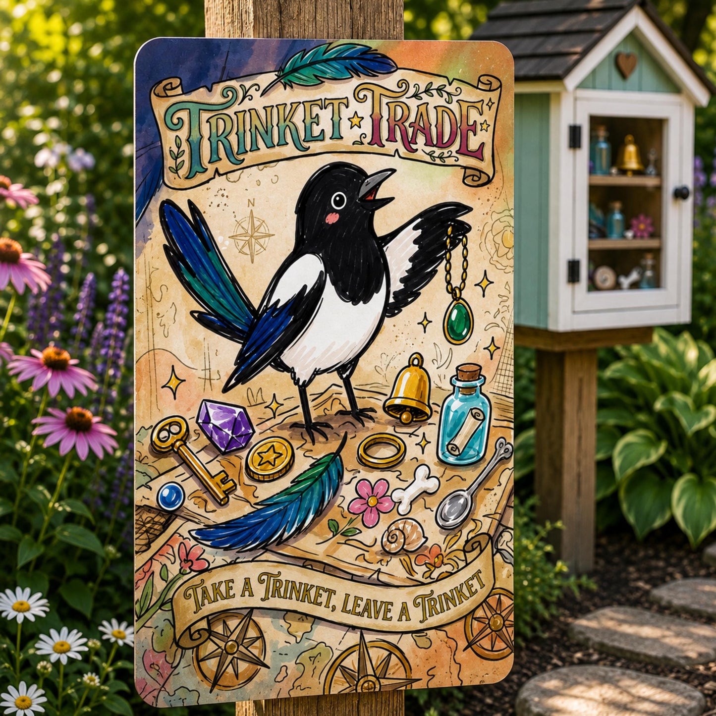 Magpie Trinket Trade Library Sign - Outdoor Metal Yard Art Decor - Community Trinket Shelf