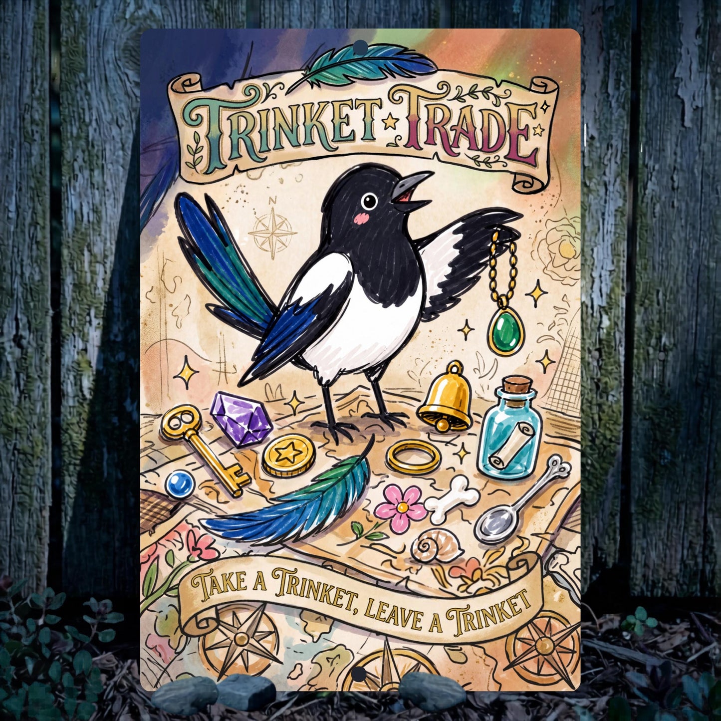 Magpie Trinket Trade Library Sign - Outdoor Metal Yard Art Decor - Community Trinket Shelf
